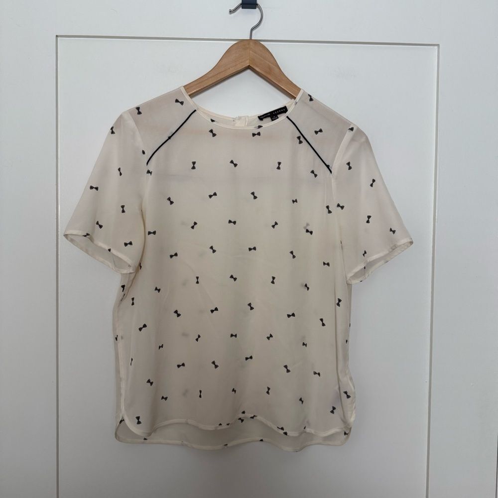 Madewell x Sezane Top Blouse Womens Sz M Ivory Short Sleeve 100% Silk Black Bows